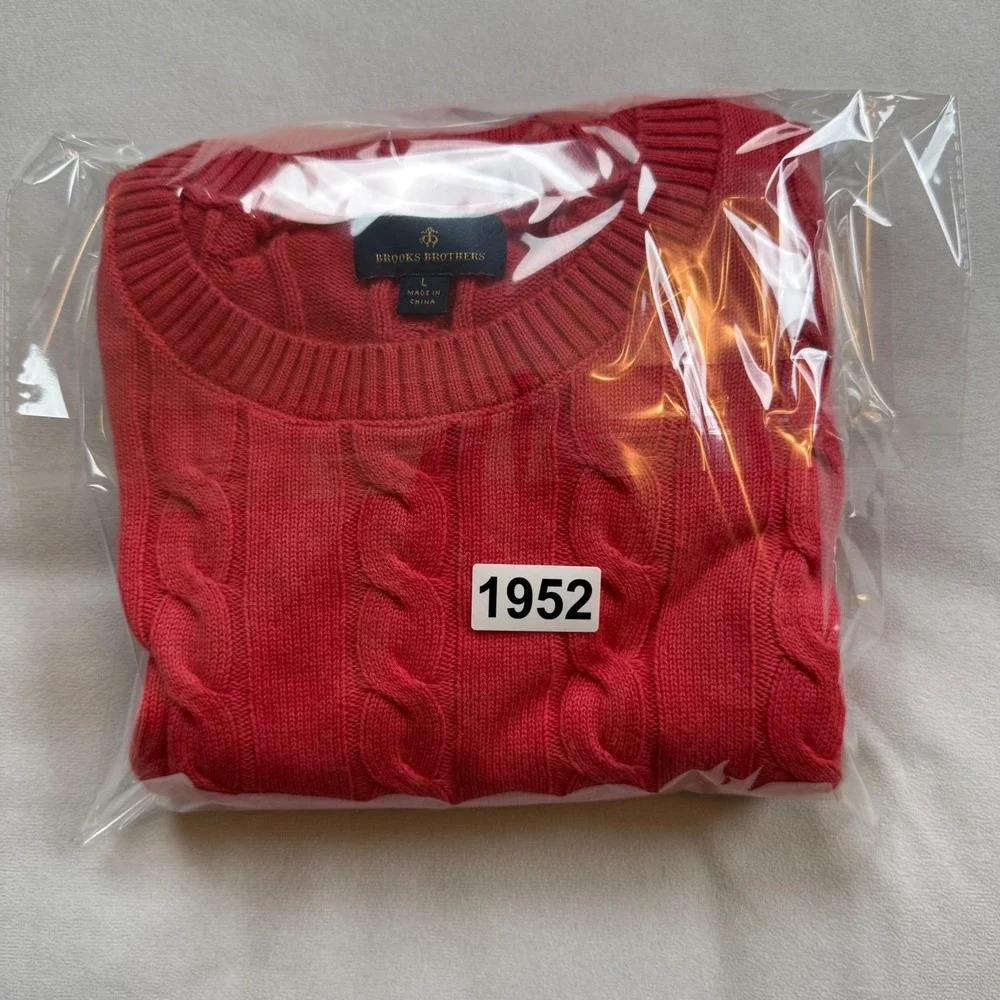 Brooks Brothers Mens Large Coral Pink Cable Knit Cotton Crewneck Sweater 42224